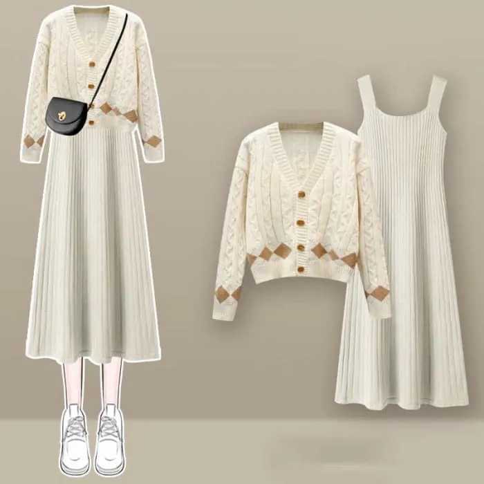 Rhombus Print Cardigan Sweater Slip Dress Set