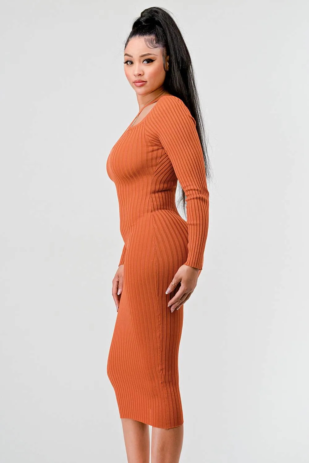 RIB SWEATER KNIT LONG SLEEVED BODYCON MIDI DRESS