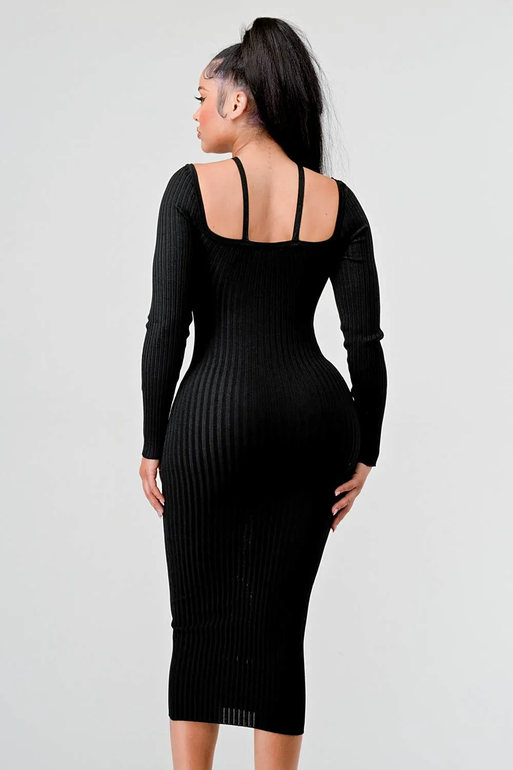 RIB SWEATER KNIT LONG SLEEVED BODYCON MIDI DRESS