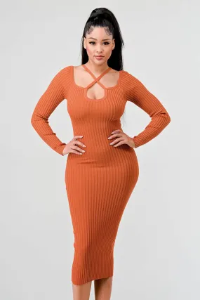 RIB SWEATER KNIT LONG SLEEVED BODYCON MIDI DRESS