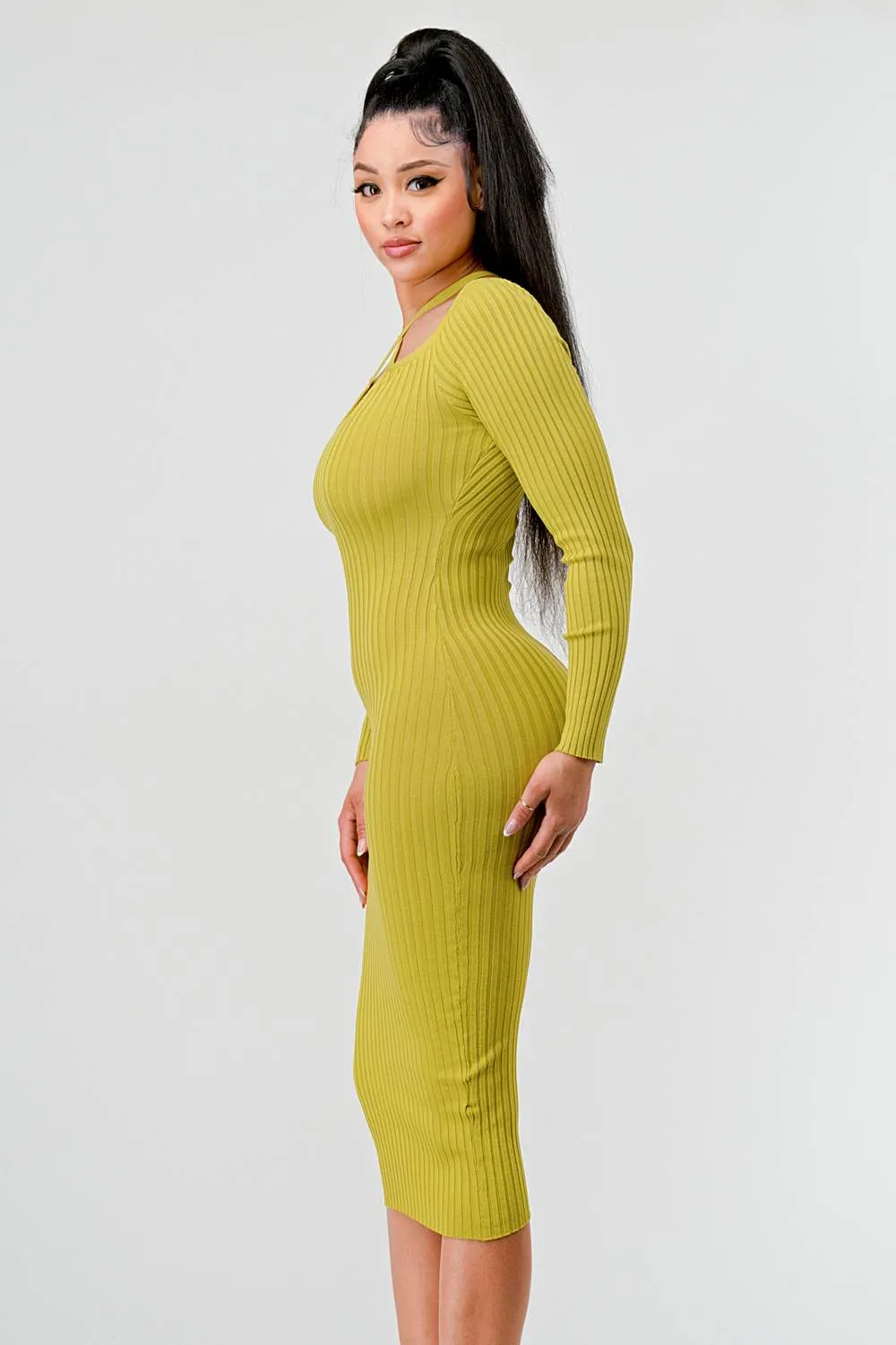 RIB SWEATER KNIT LONG SLEEVED BODYCON MIDI DRESS