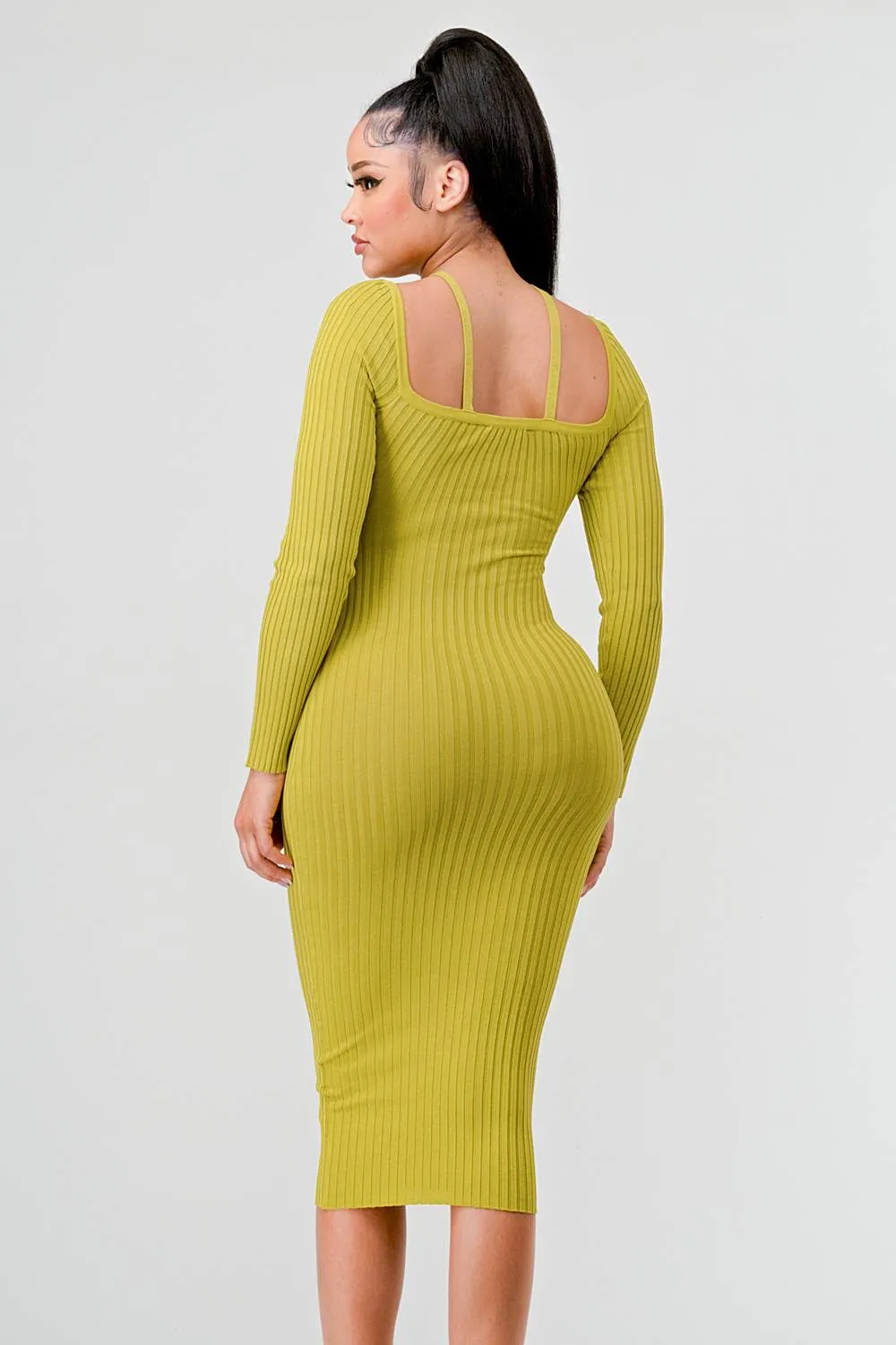 RIB SWEATER KNIT LONG SLEEVED BODYCON MIDI DRESS