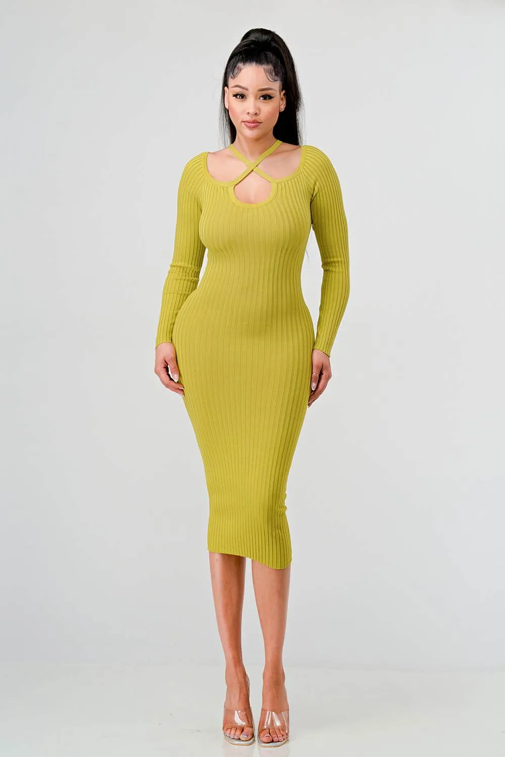 RIB SWEATER KNIT LONG SLEEVED BODYCON MIDI DRESS