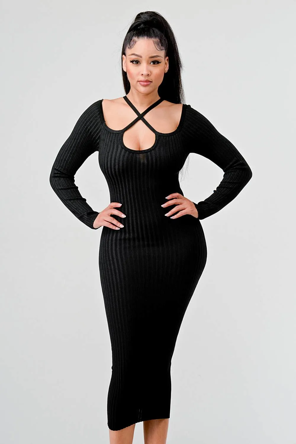 RIB SWEATER KNIT LONG SLEEVED BODYCON MIDI DRESS