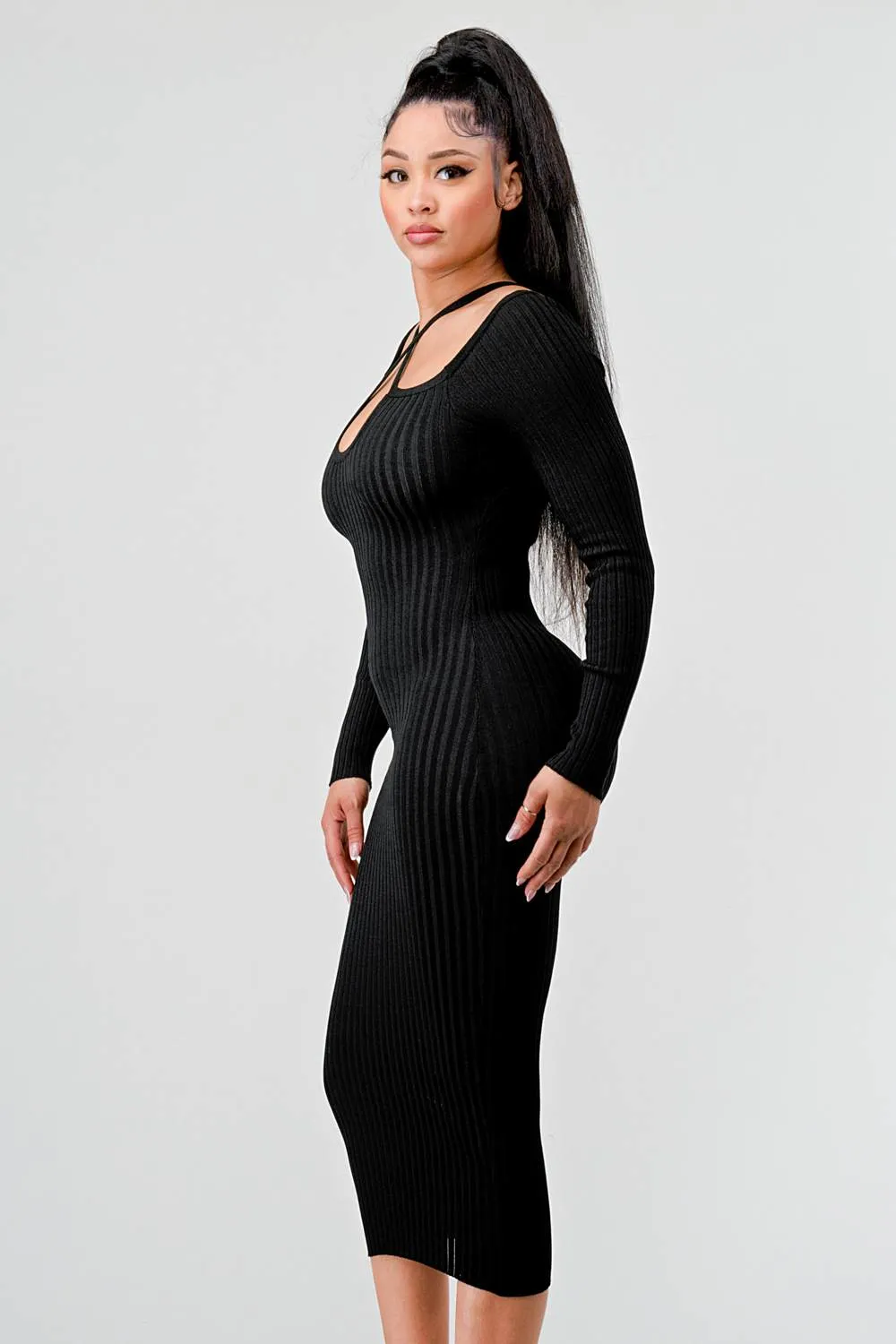 RIB SWEATER KNIT LONG SLEEVED BODYCON MIDI DRESS