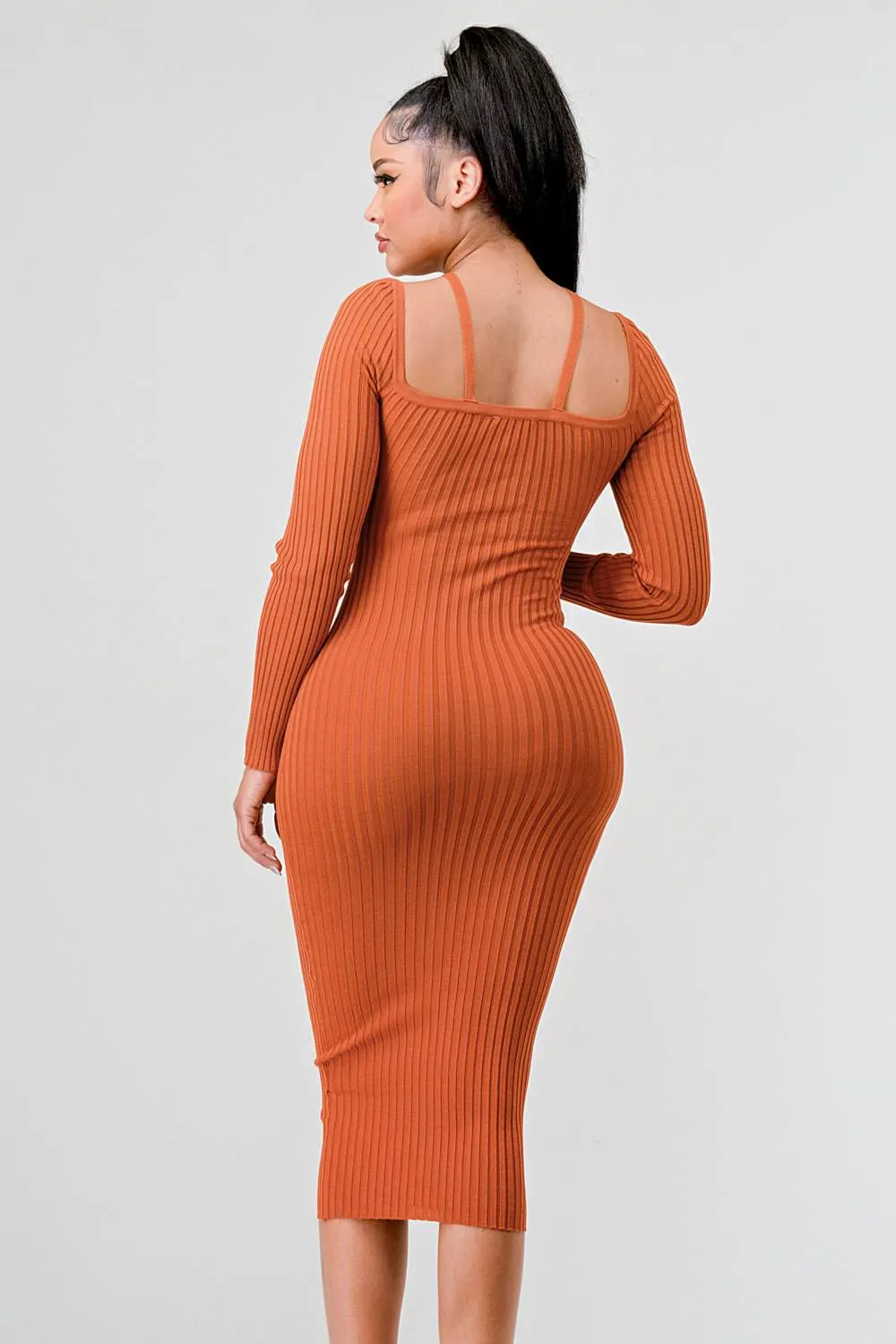 RIB SWEATER KNIT LONG SLEEVED BODYCON MIDI DRESS