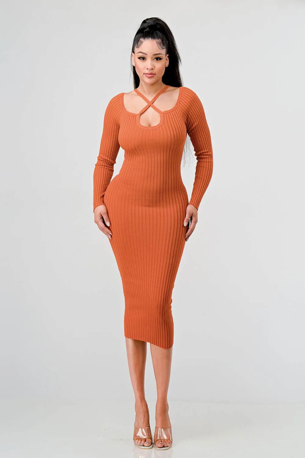 RIB SWEATER KNIT LONG SLEEVED BODYCON MIDI DRESS