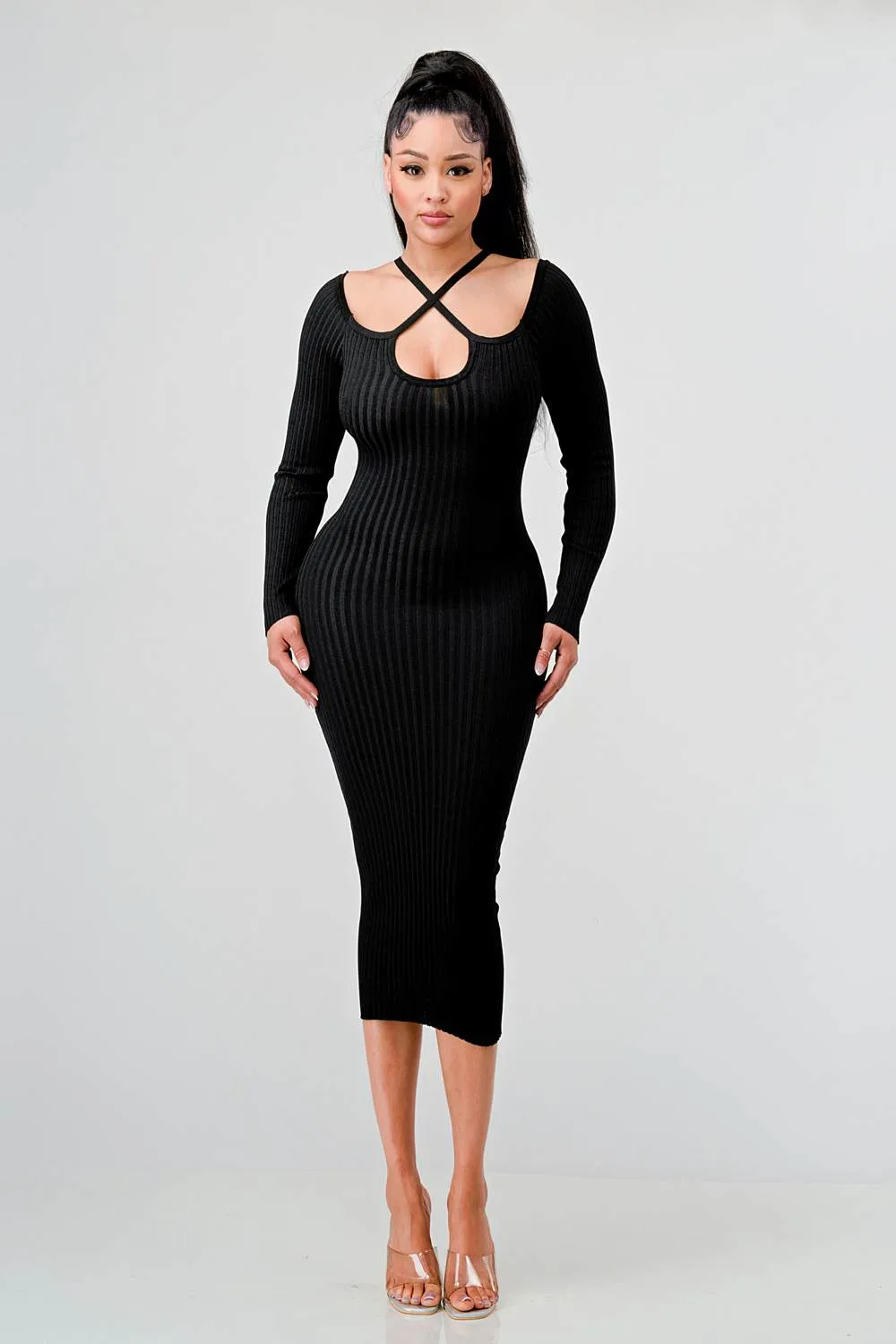 RIB SWEATER KNIT LONG SLEEVED BODYCON MIDI DRESS