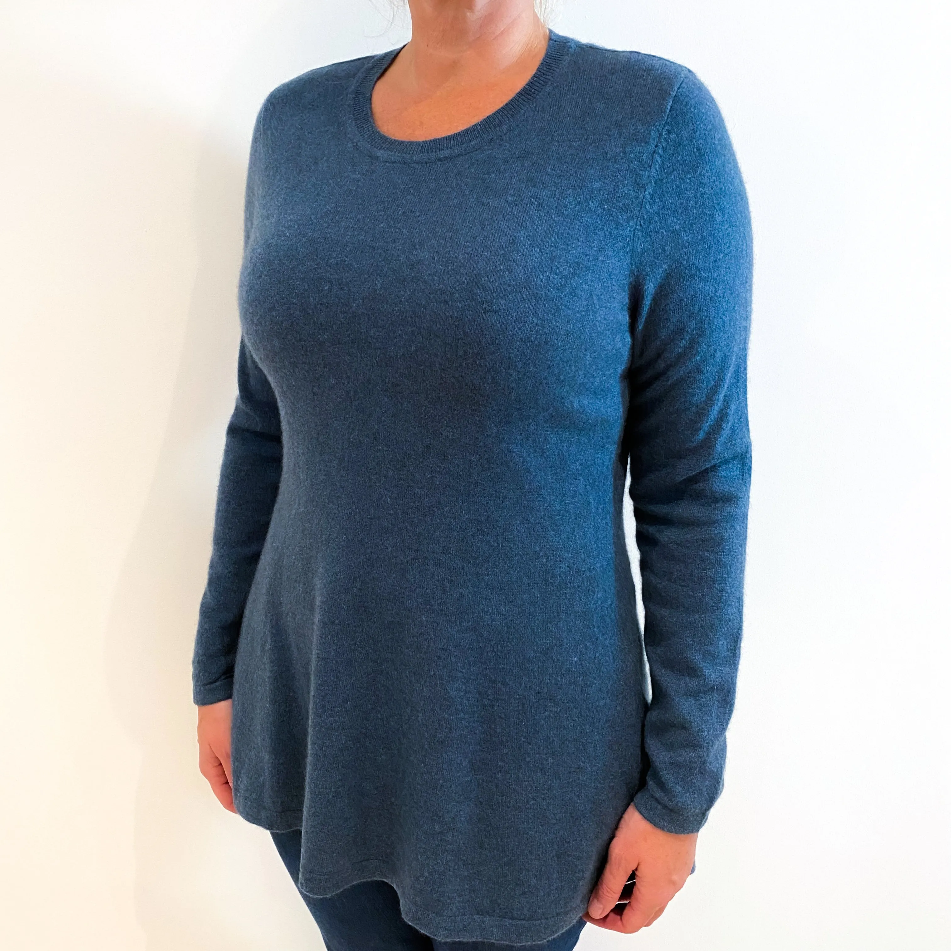 Sea Blue Flared Hem Cashmere Crew Neck Jumper Large