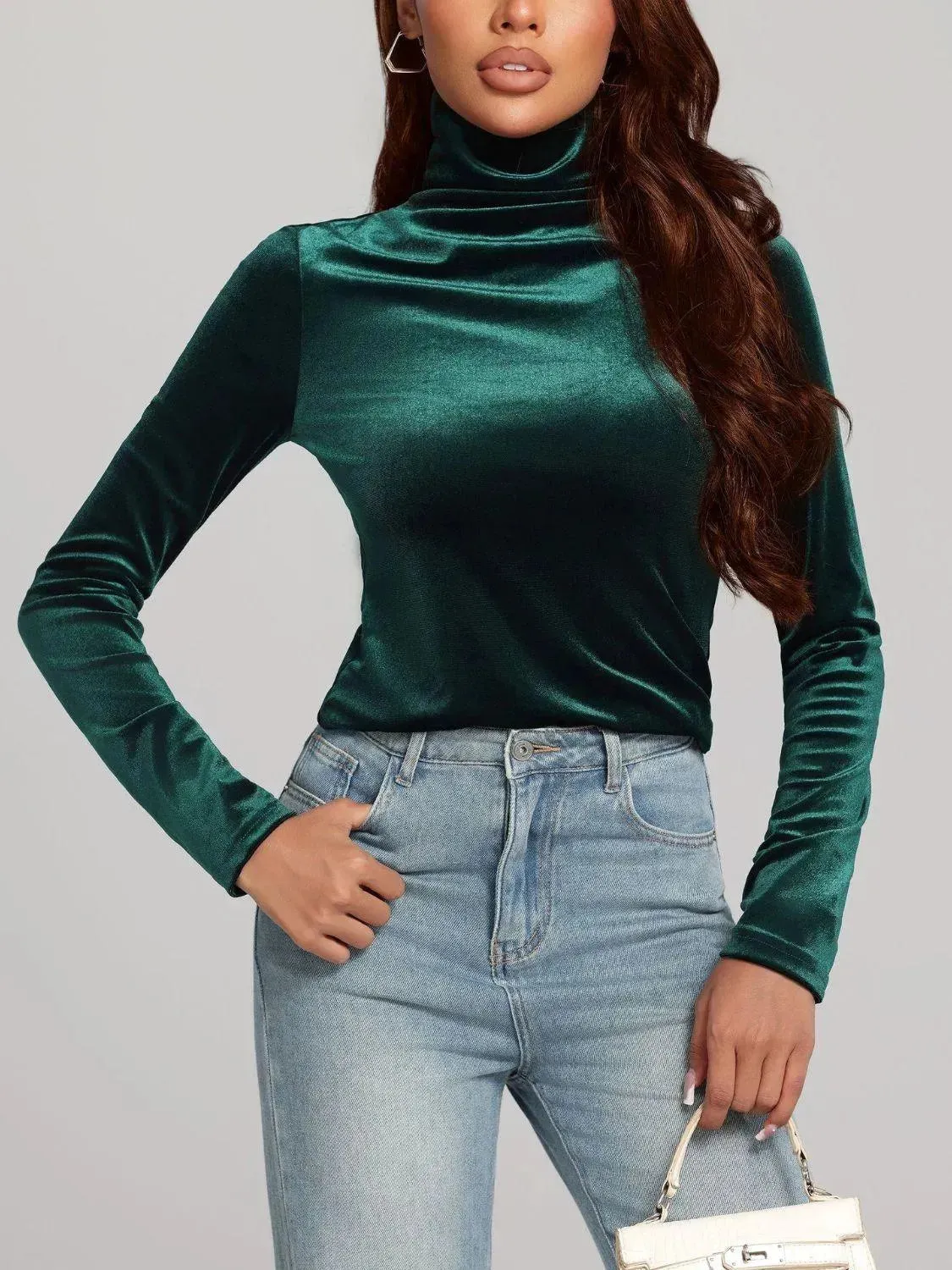 Sleek Solid Color Turtleneck Long Sleeve Top