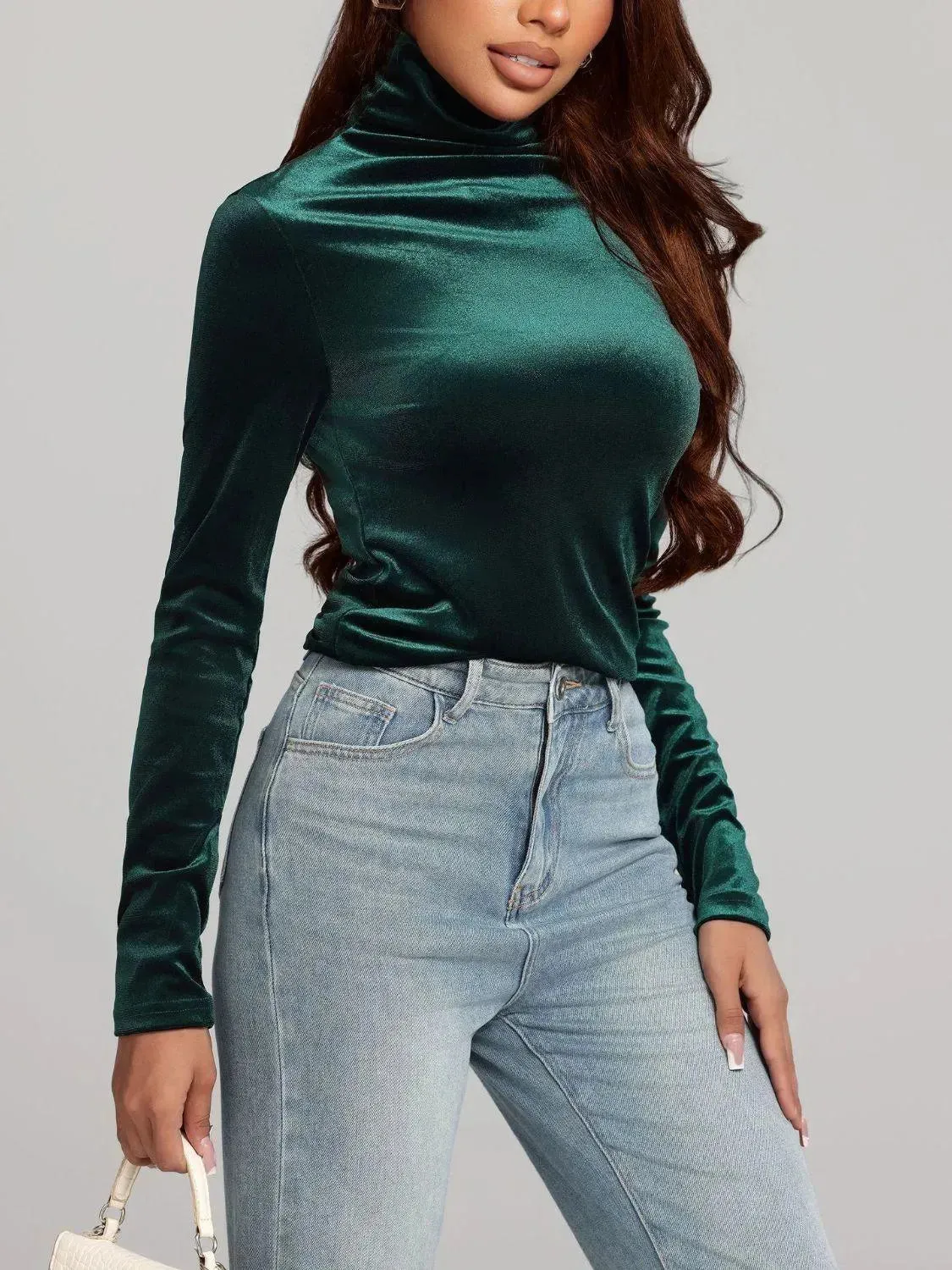 Sleek Solid Color Turtleneck Long Sleeve Top