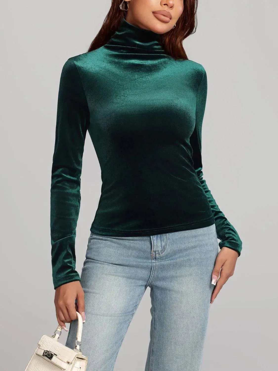 Sleek Solid Color Turtleneck Long Sleeve Top