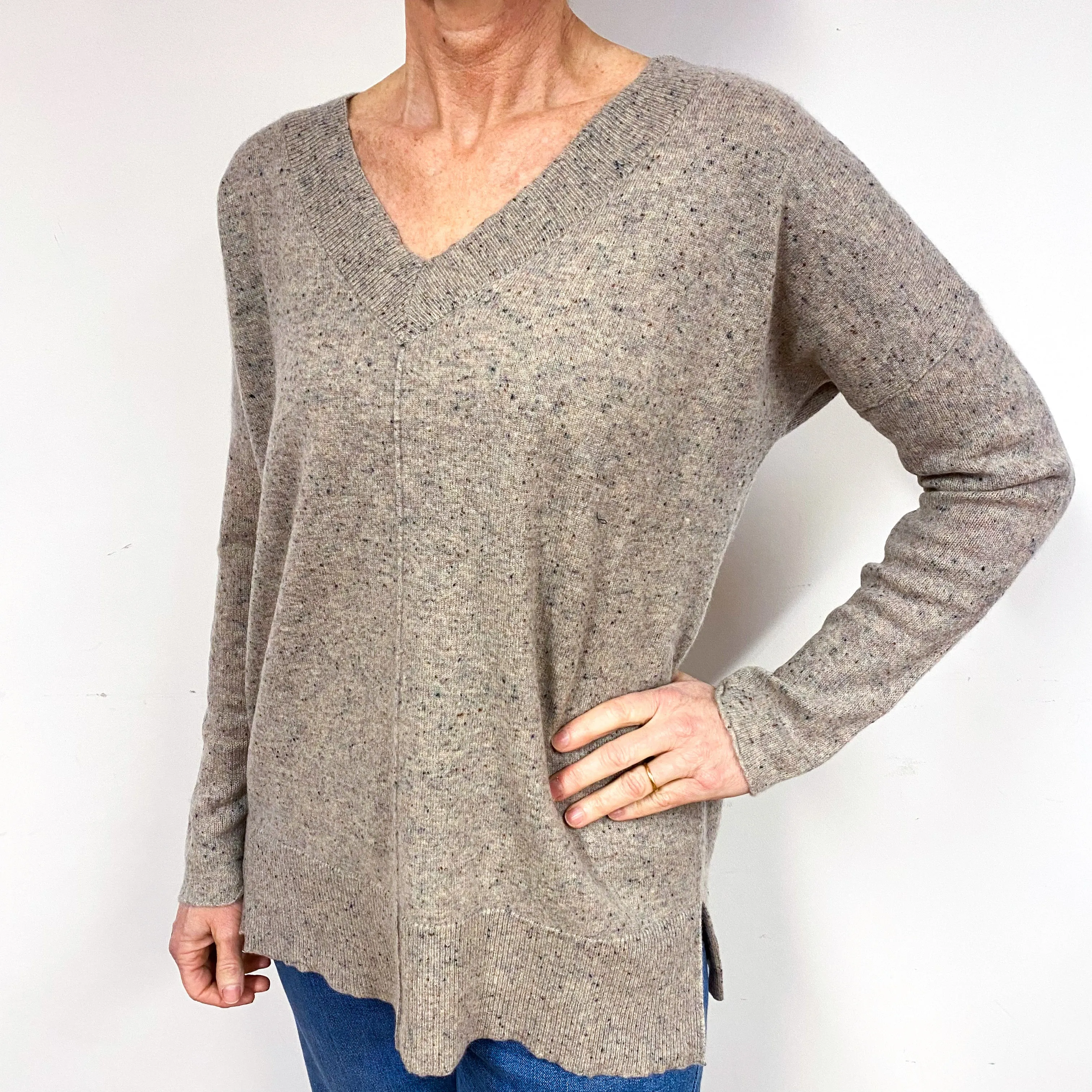 Slouchy Fawn Flecked Cashmere V-Neck Jumper Medium