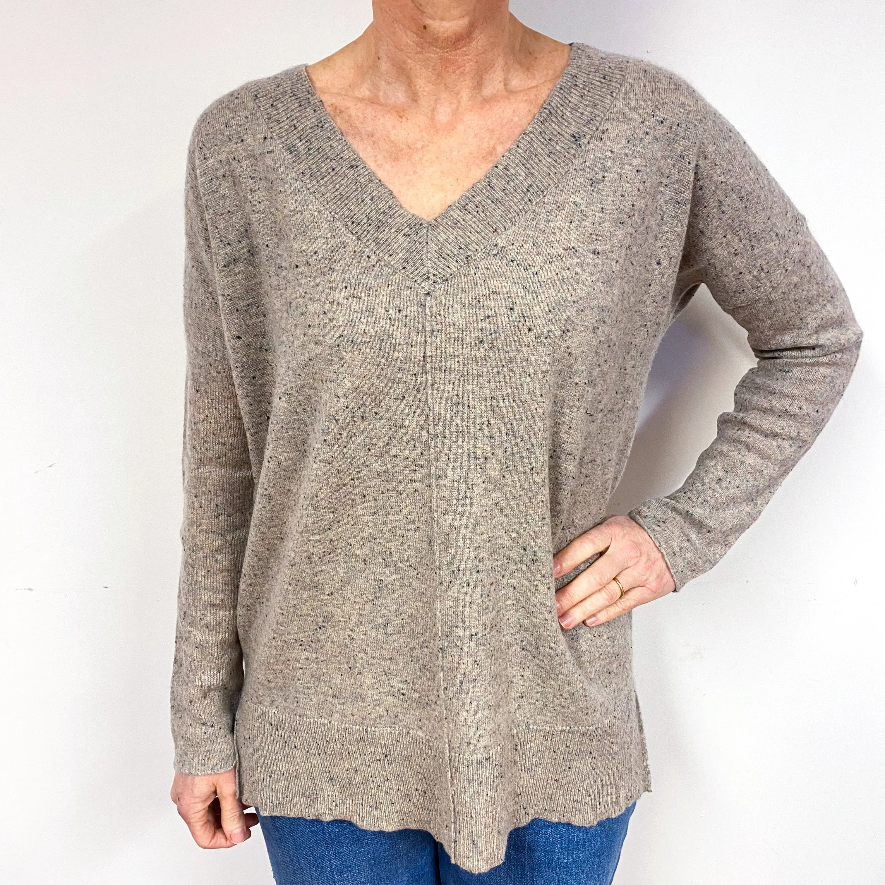 Slouchy Fawn Flecked Cashmere V-Neck Jumper Medium