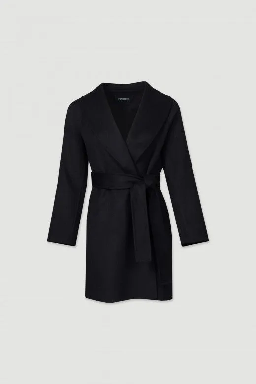 Soft Black Wool Farm Jacket with Belt