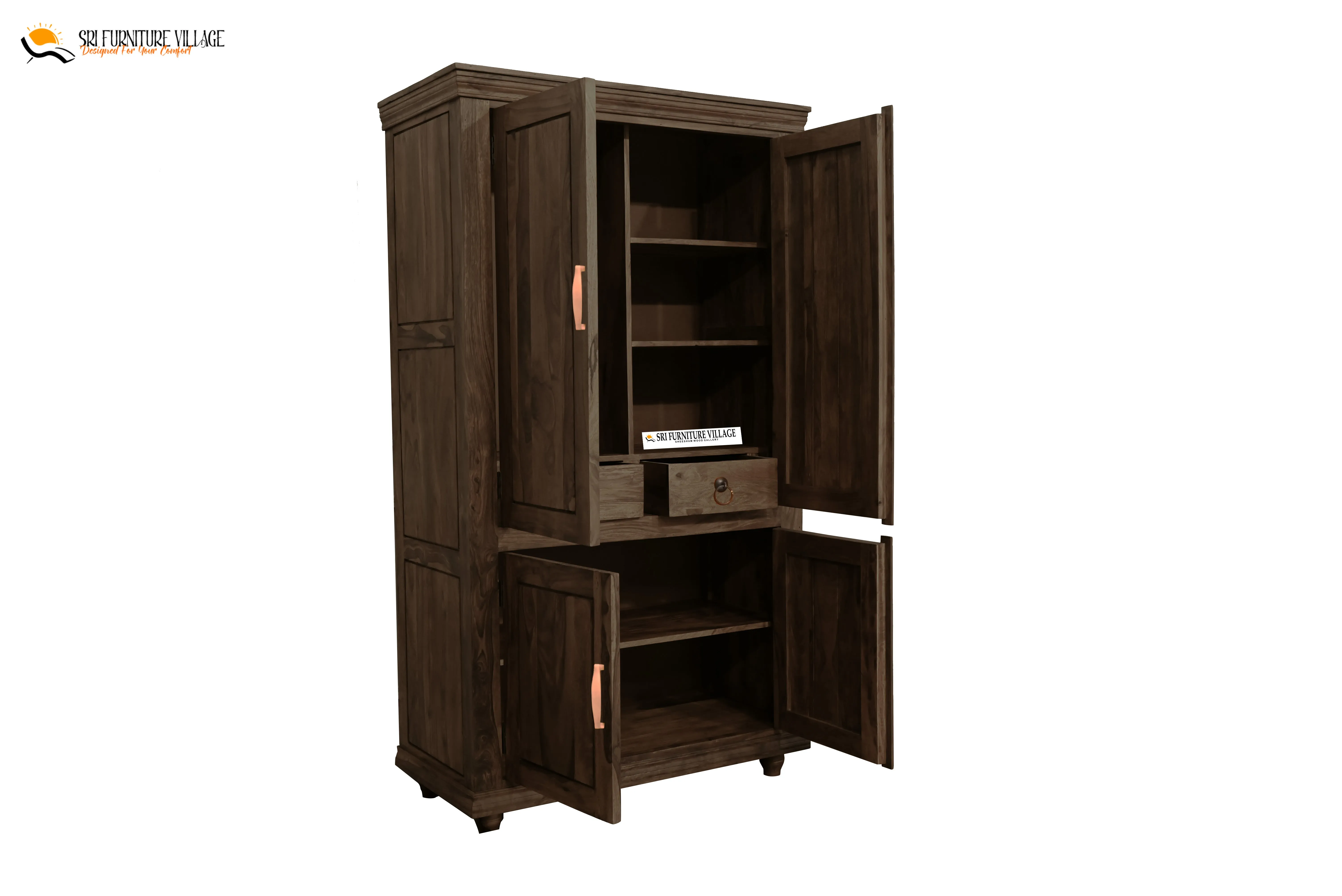 Solid Plain Door Sheesham Wood Wardrobe (Stone Finish) - 6127