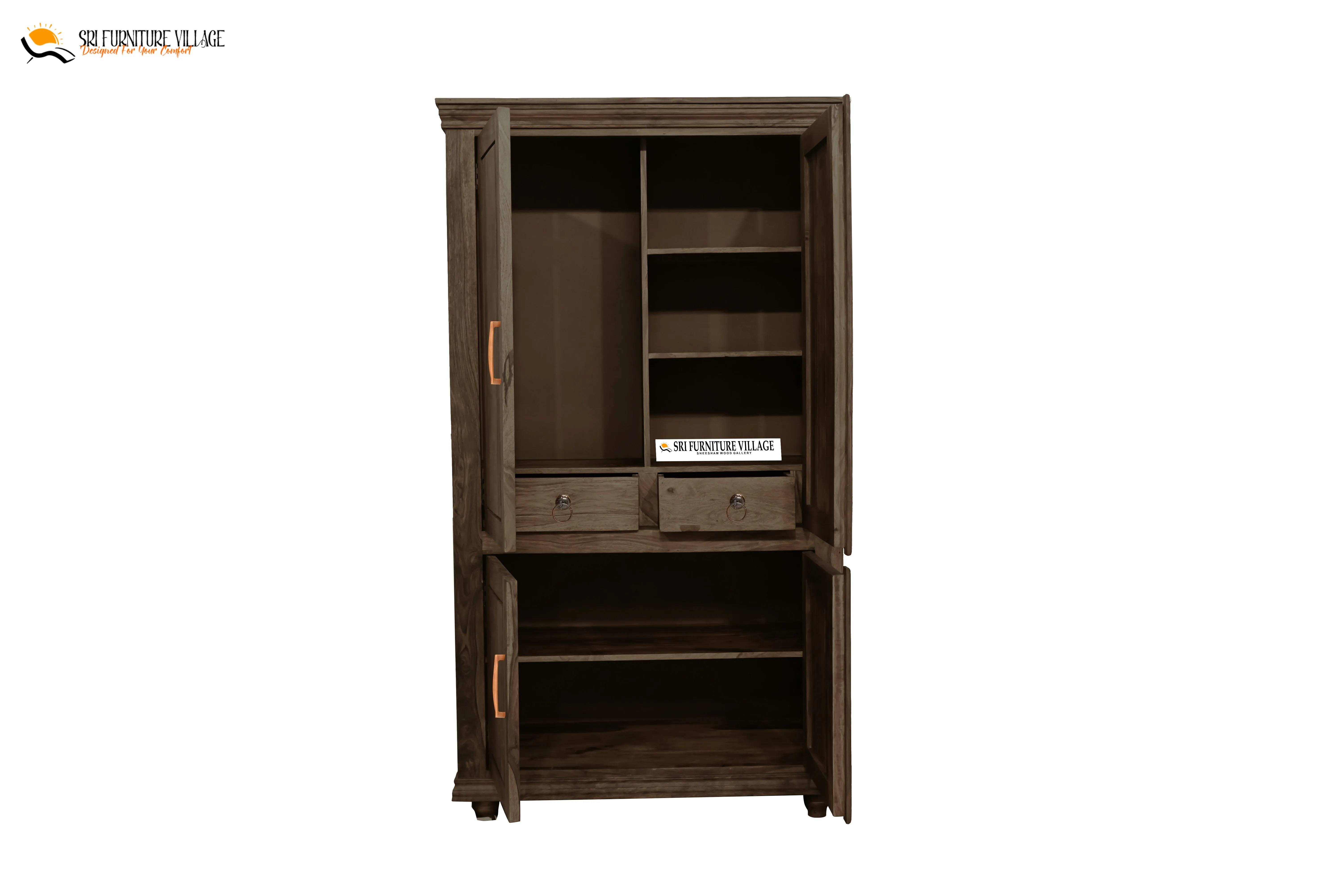 Solid Plain Door Sheesham Wood Wardrobe (Stone Finish) - 6127