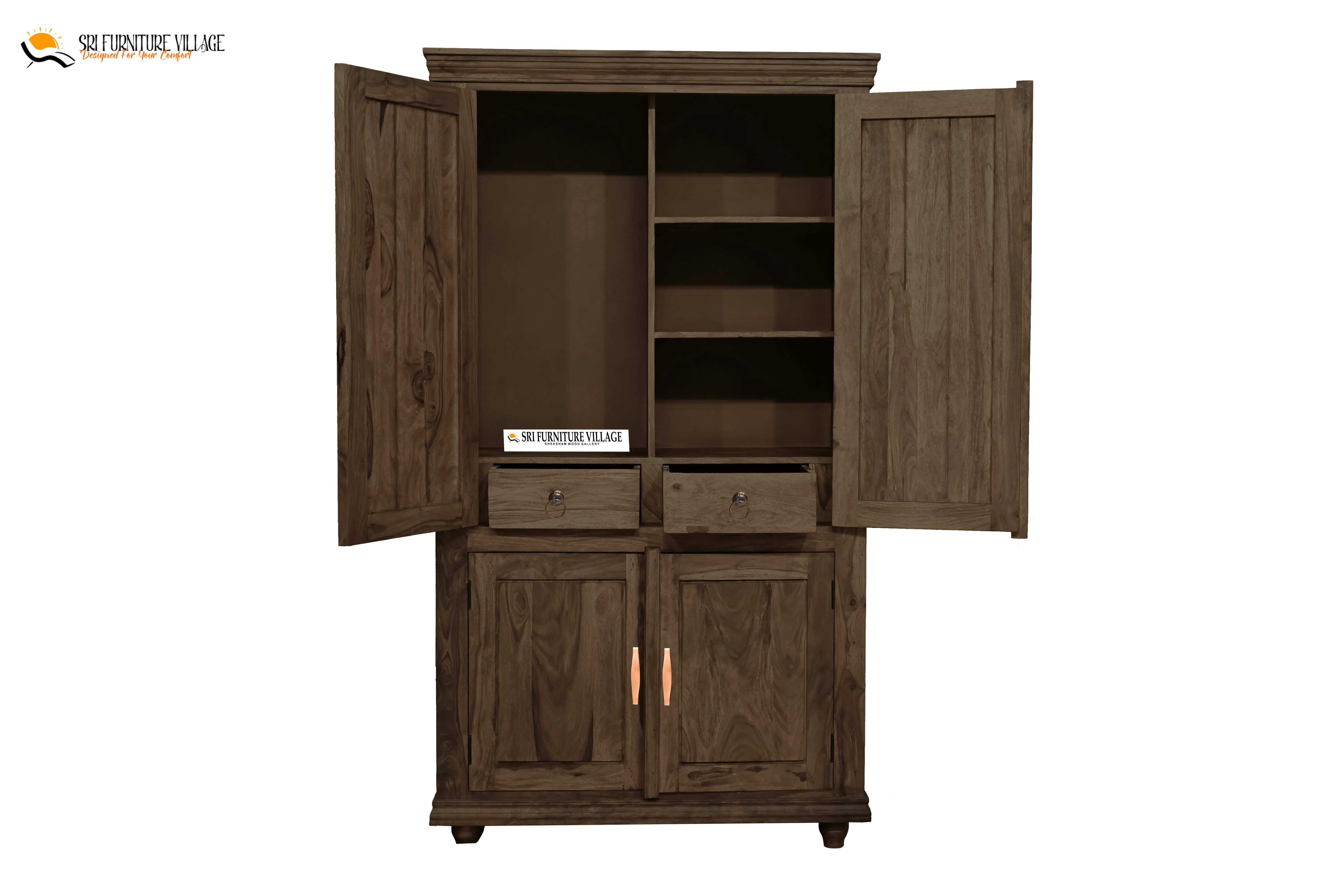 Solid Plain Door Sheesham Wood Wardrobe (Stone Finish) - 6127