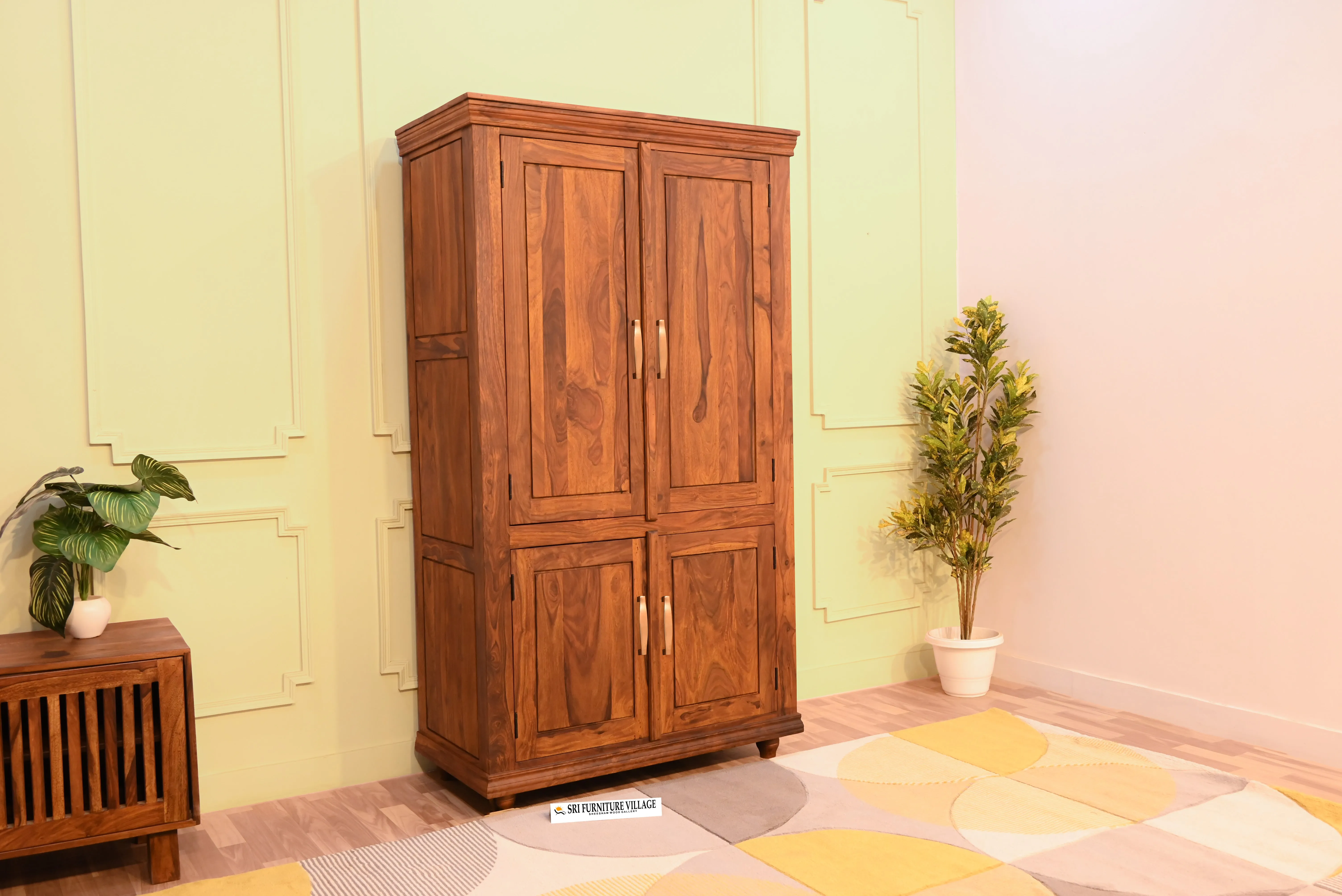 Solid Plain Door Sheesham Wood Wardrobe (Stone Finish) - 6127