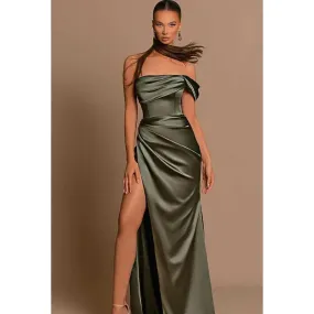 Strapless One Shoulder Ruched Long Prom Evening Dress With Slit