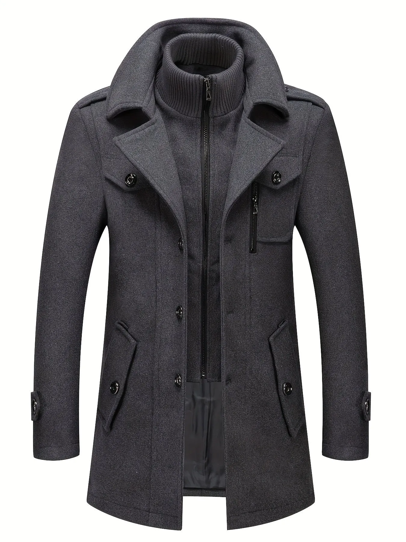 Stylish Men's Wool Blend Pea Coat - Stand Collar, Removable Inner Collar, Single Breasted, Warm Overcoat for Winter - Classic, Versatile, and Timeless Design