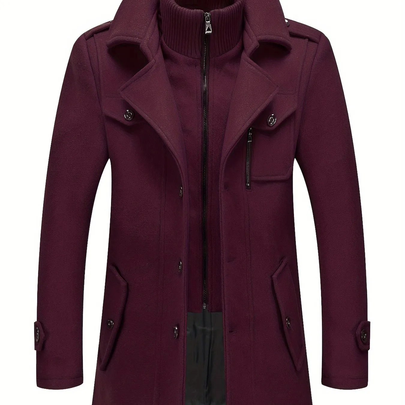 Stylish Men's Wool Blend Pea Coat - Stand Collar, Removable Inner Collar, Single Breasted, Warm Overcoat for Winter - Classic, Versatile, and Timeless Design