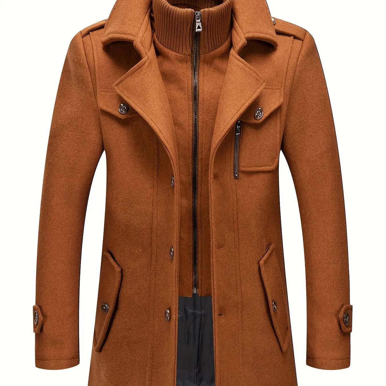 Stylish Men's Wool Blend Pea Coat - Stand Collar, Removable Inner Collar, Single Breasted, Warm Overcoat for Winter - Classic, Versatile, and Timeless Design