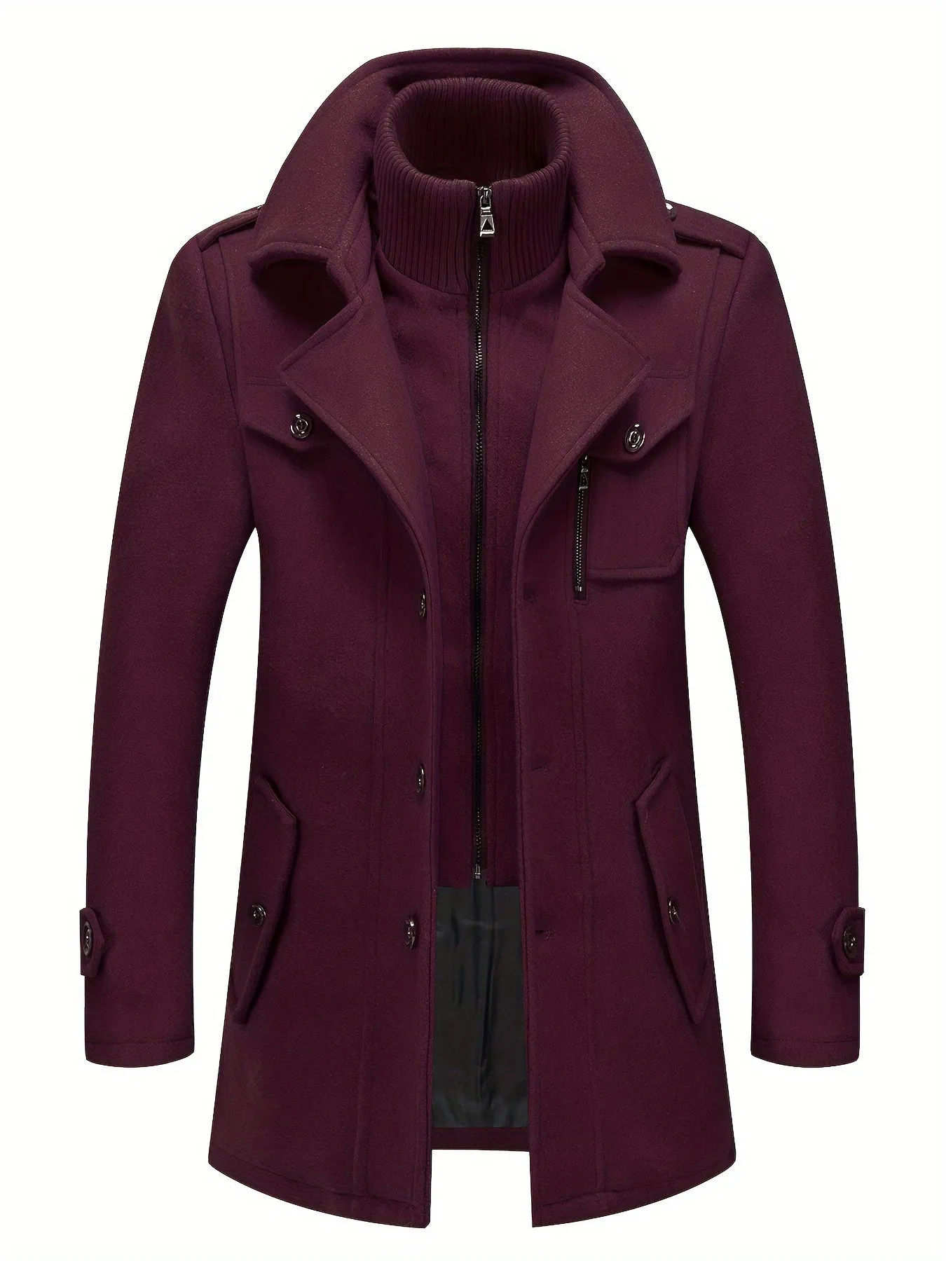 Stylish Men's Wool Blend Pea Coat - Stand Collar, Removable Inner Collar, Single Breasted, Warm Overcoat for Winter - Classic, Versatile, and Timeless Design