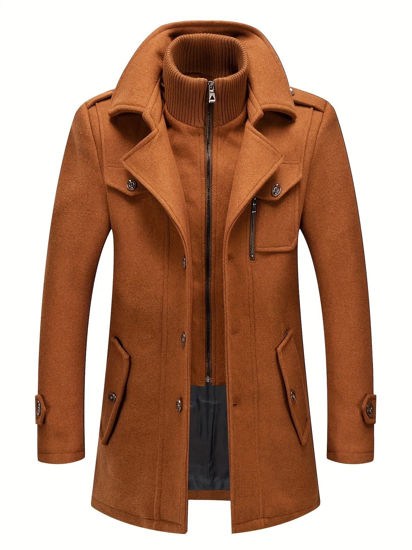 Stylish Men's Wool Blend Pea Coat - Stand Collar, Removable Inner Collar, Single Breasted, Warm Overcoat for Winter - Classic, Versatile, and Timeless Design