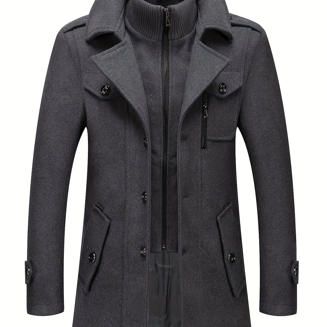 Stylish Men's Wool Blend Pea Coat - Stand Collar, Removable Inner Collar, Single Breasted, Warm Overcoat for Winter - Classic, Versatile, and Timeless Design