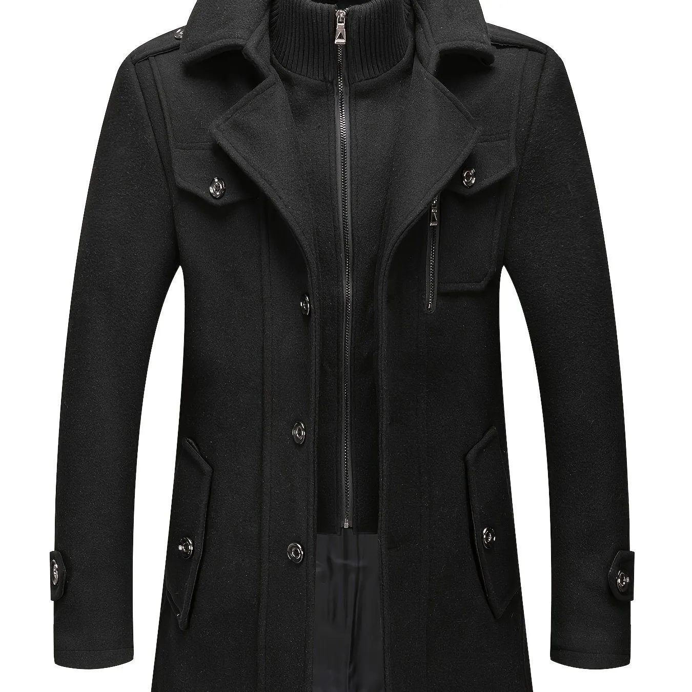 Stylish Men's Wool Blend Pea Coat - Stand Collar, Removable Inner Collar, Single Breasted, Warm Overcoat for Winter - Classic, Versatile, and Timeless Design