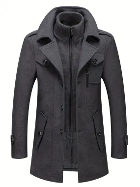 Stylish Men's Wool Blend Pea Coat - Stand Collar, Removable Inner Collar, Single Breasted, Warm Overcoat for Winter - Classic, Versatile, and Timeless Design