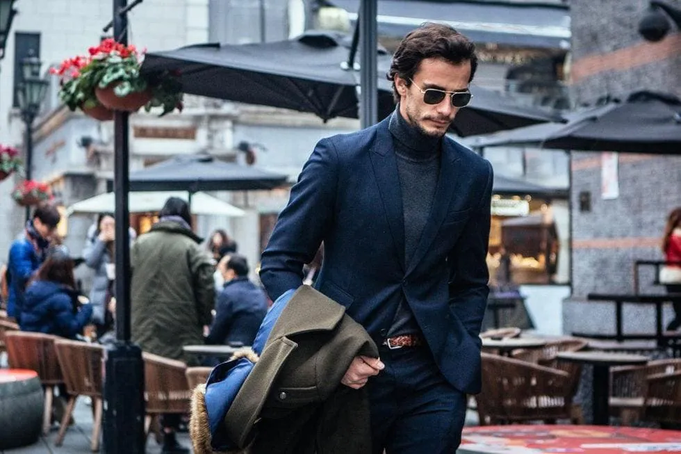 Suit And Turtleneck Combo - Turtleneck Prom Outfits - Prom Turtleneck  Blue  Suit