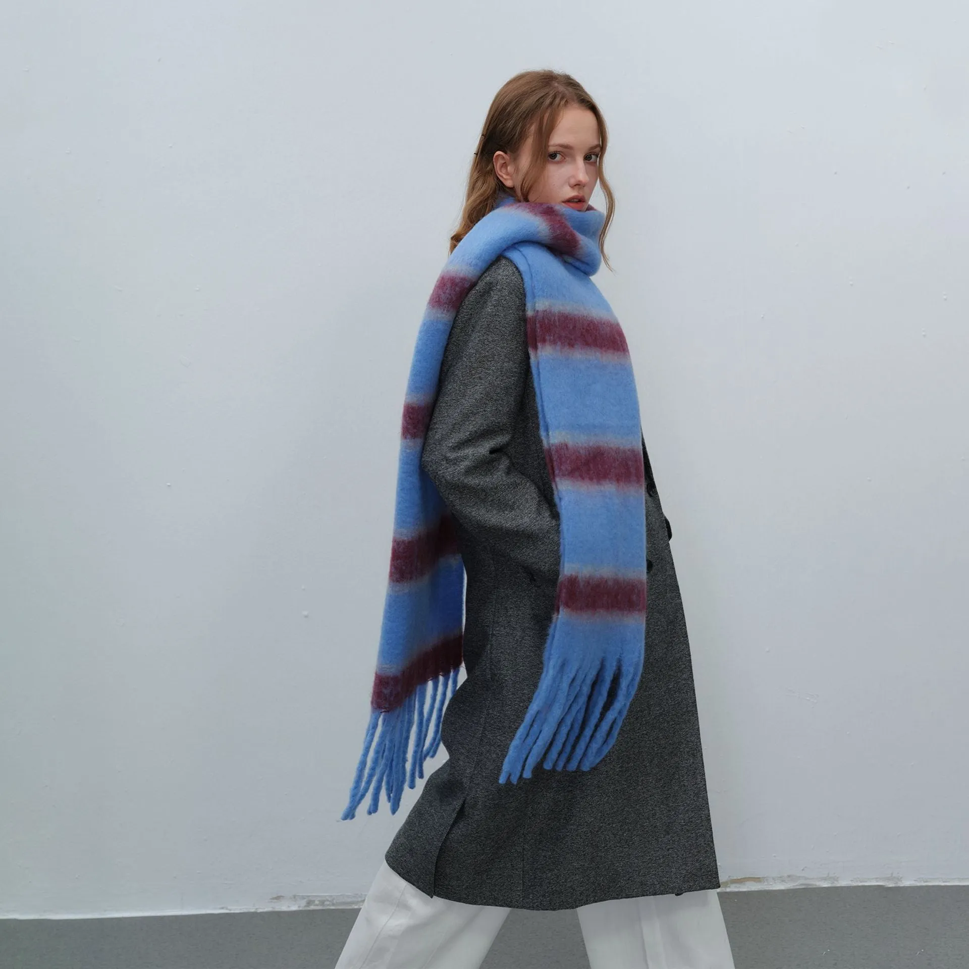Thickened Warm Simple Striped Imitation-mohair Plaid Scarf