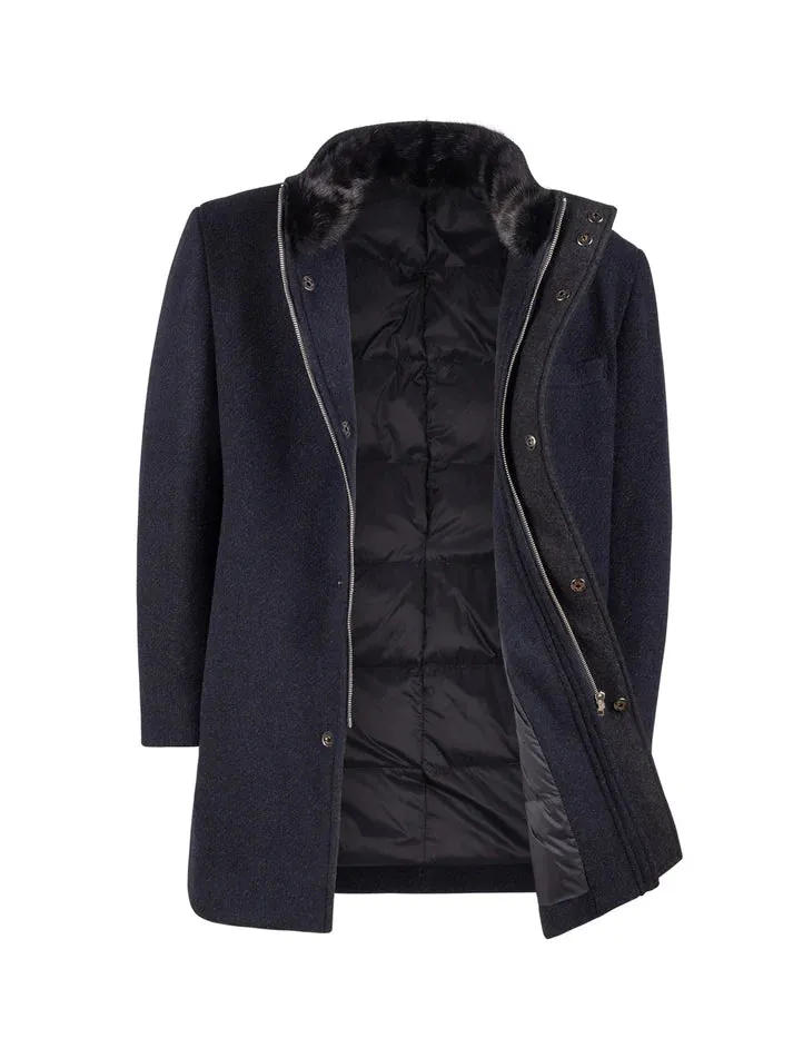 T.O. Mens Solid Black 3/4 Length Wool Blend Down Overcoat
