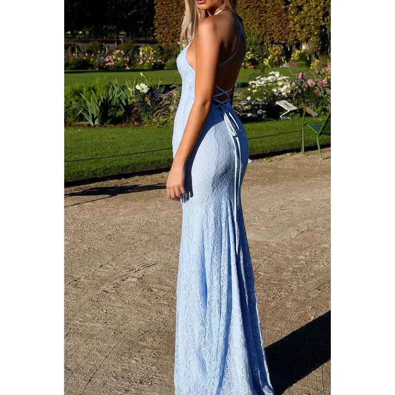 V-Neck Spaghetti Straps Lace Sheath Long Prom Evening Gown