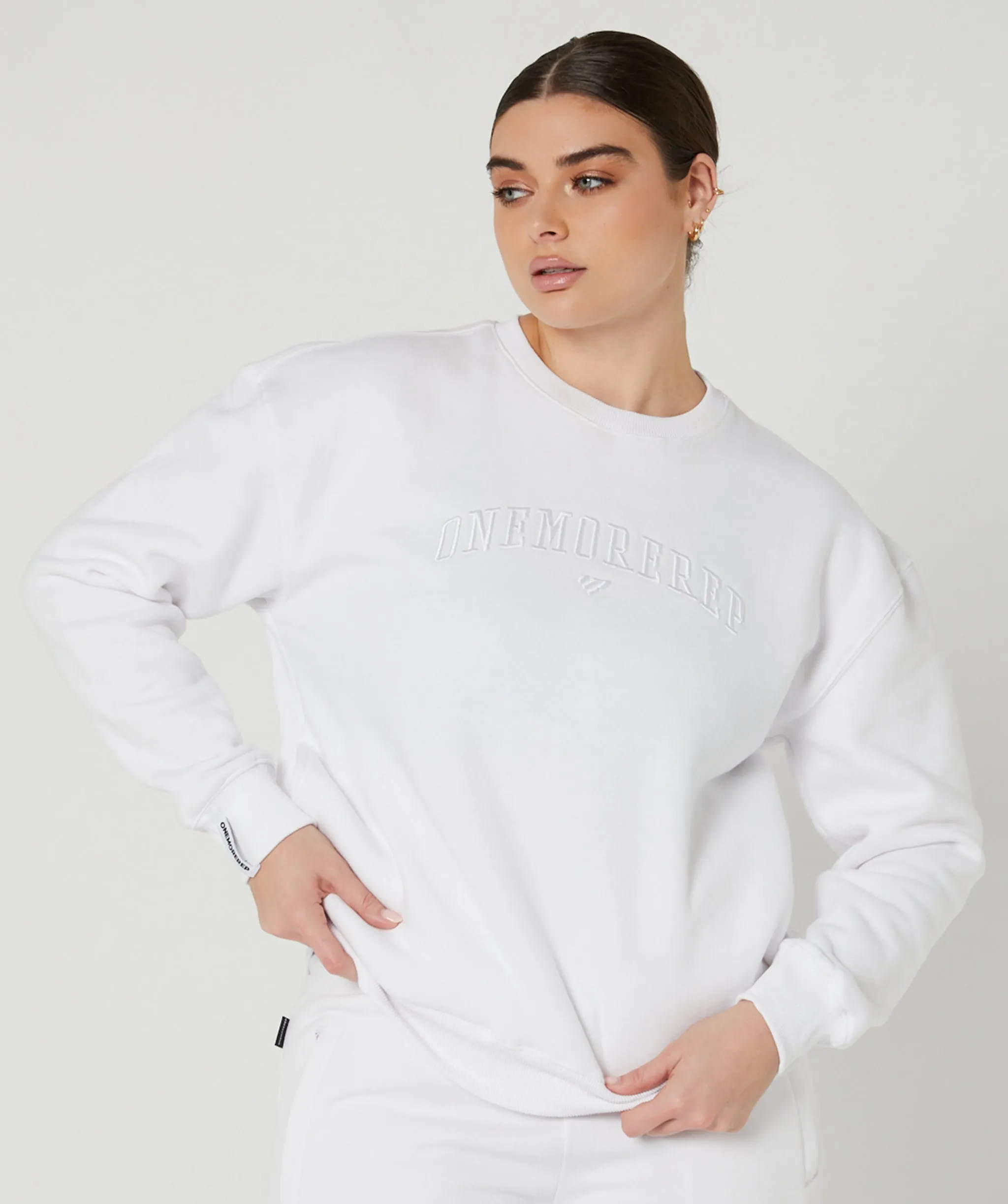 Varsity Crewneck Jumper (White/White) by OneMoreRep