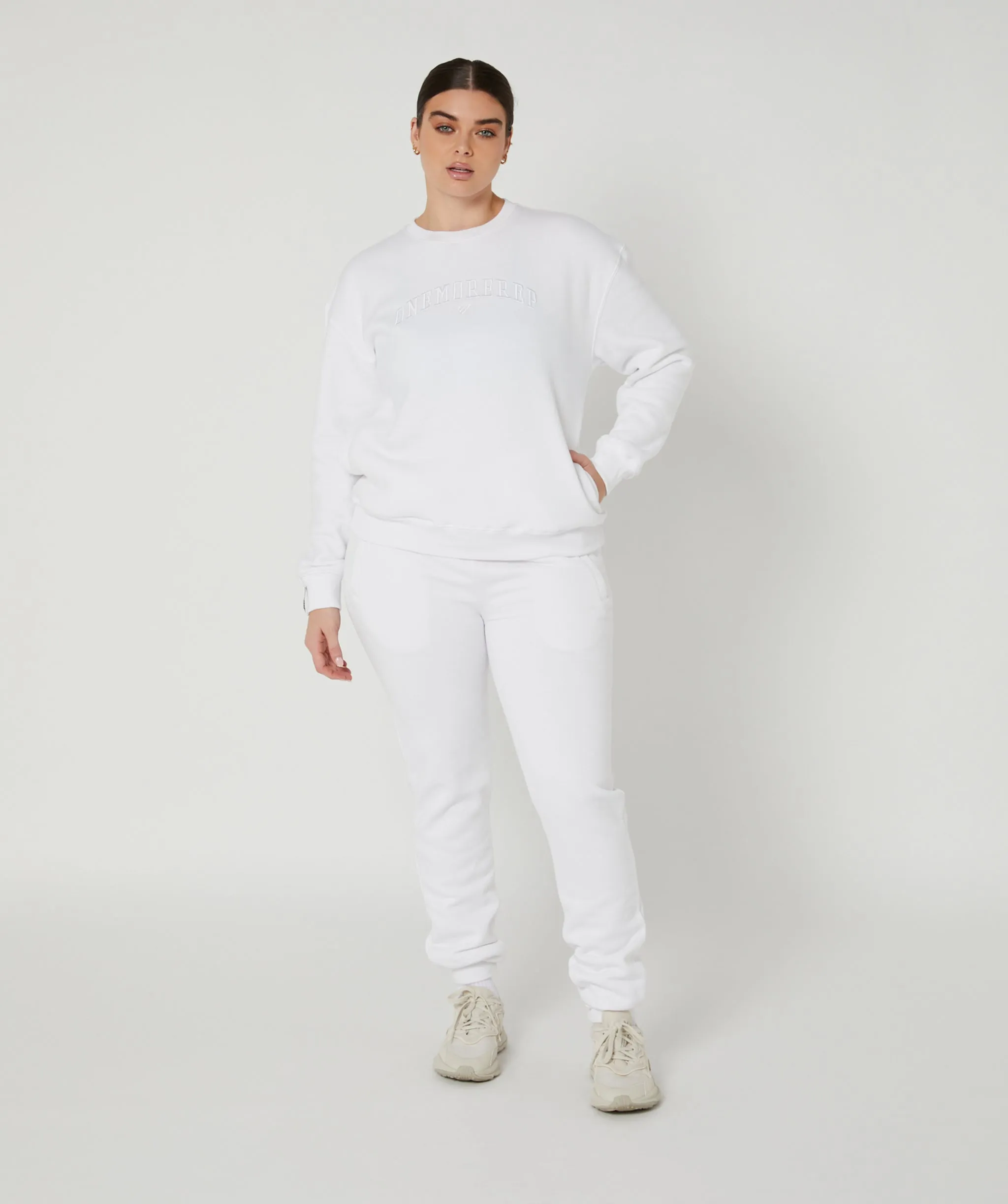 Varsity Crewneck Jumper (White/White) by OneMoreRep