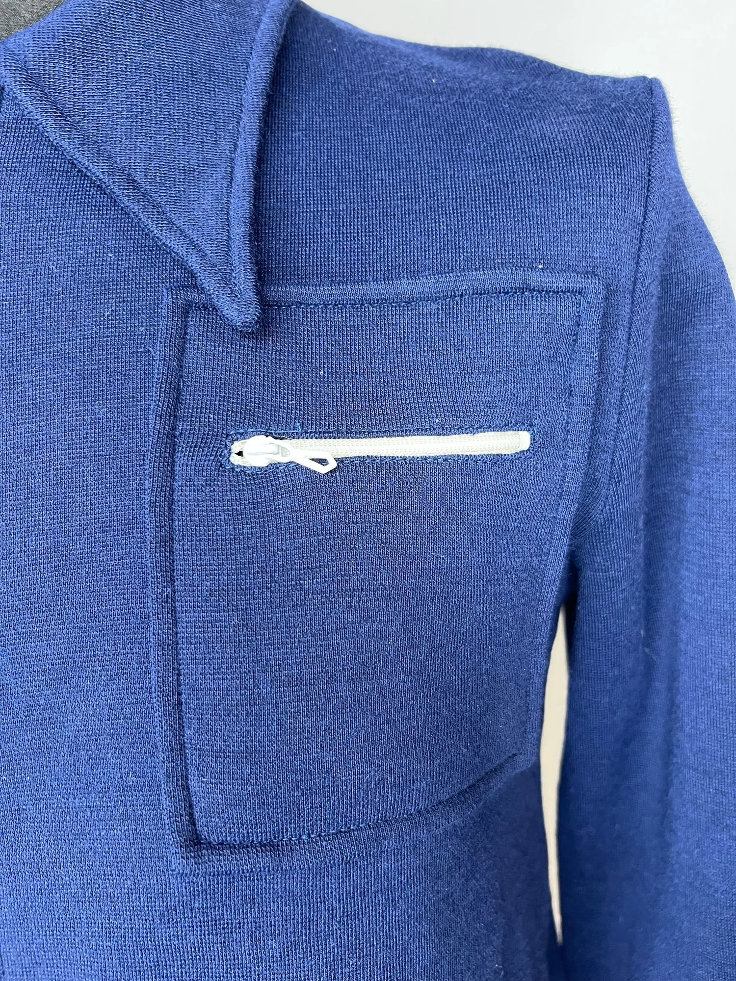 Vintage 1970s Zip Front Dagger Collar Track Top in Navy Blue - Size XS
