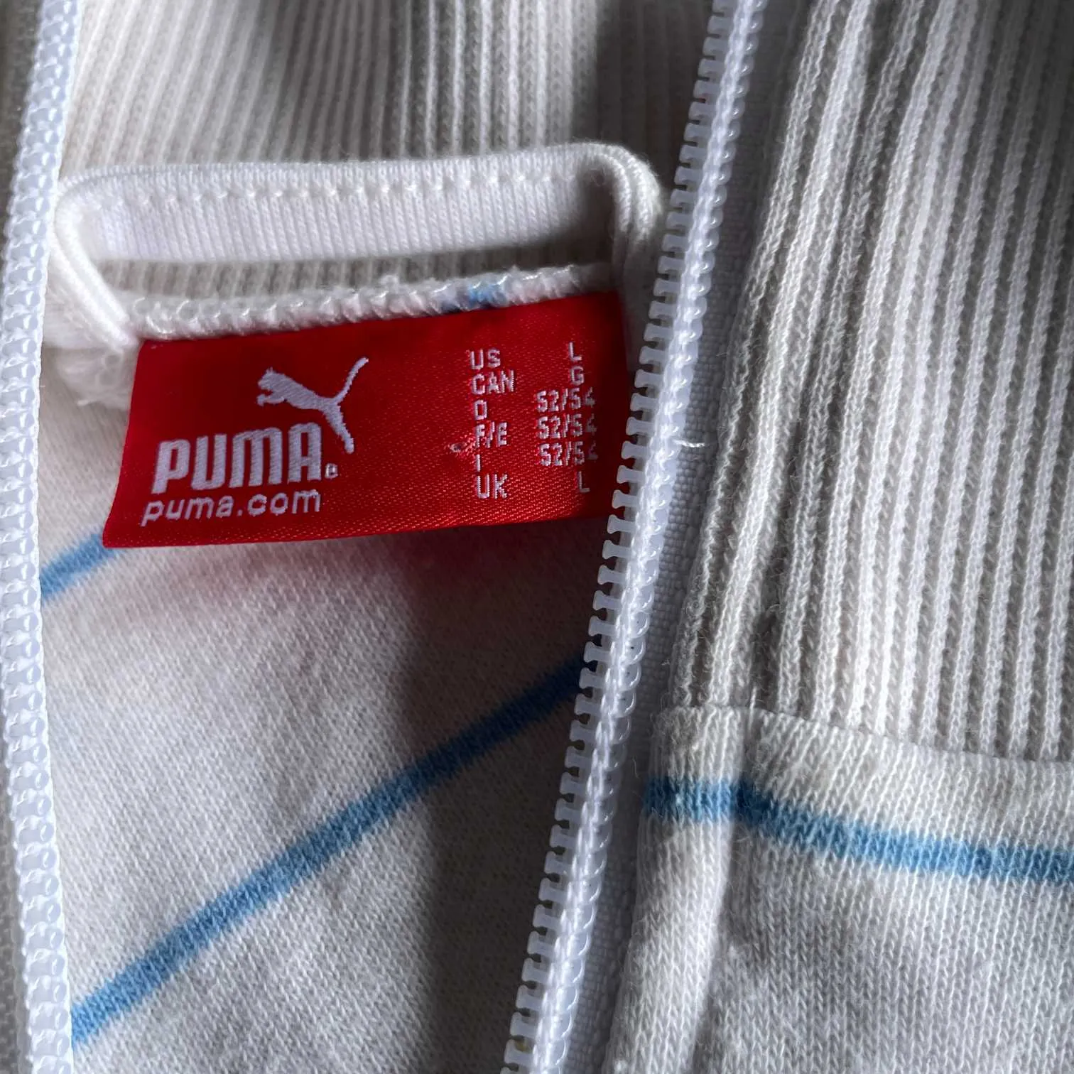 Vintage men Puma white striped full zip wind breaker track jacket in L|L29 W22|SKU 5641