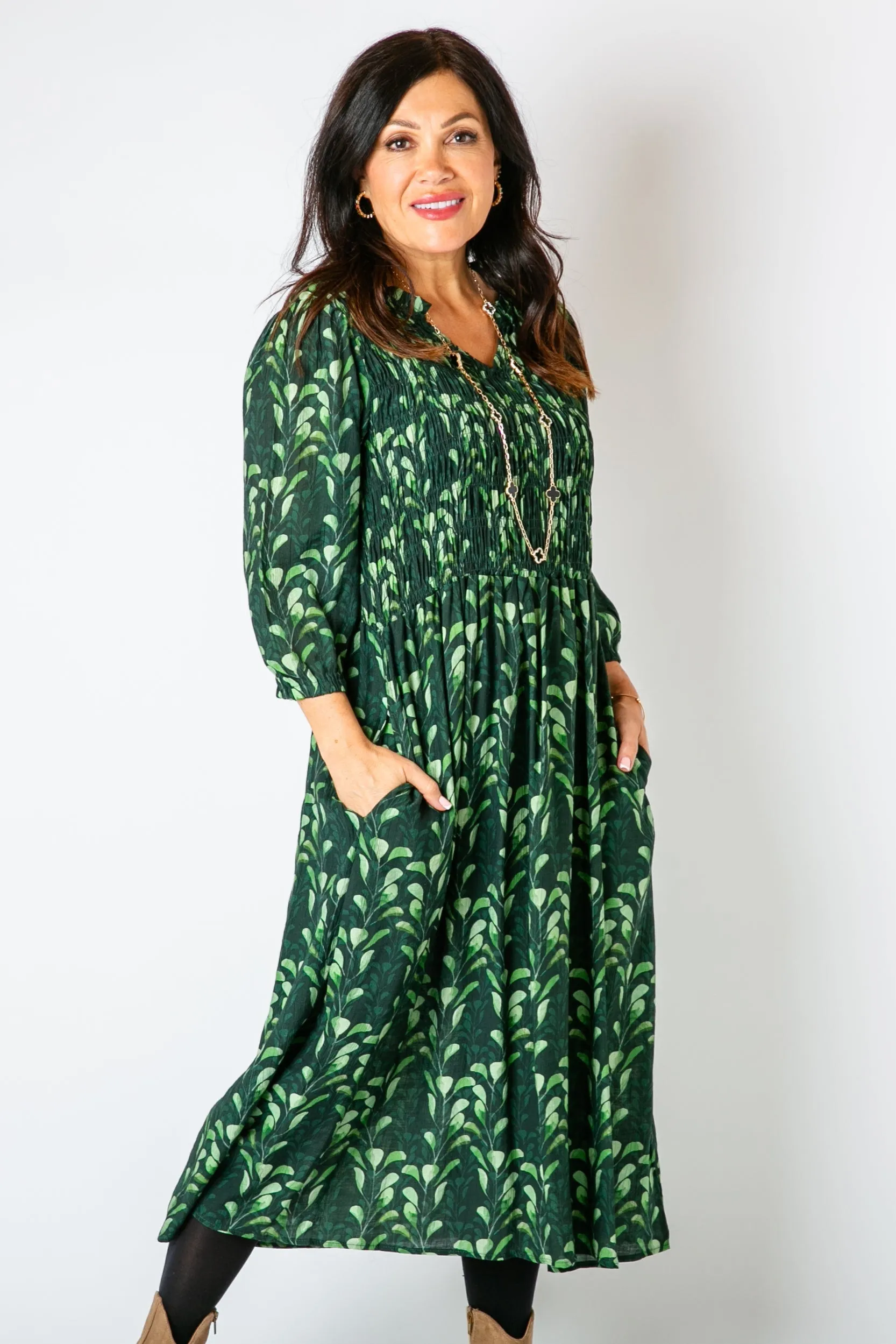 Watercolour Leaf Shirred Dress
