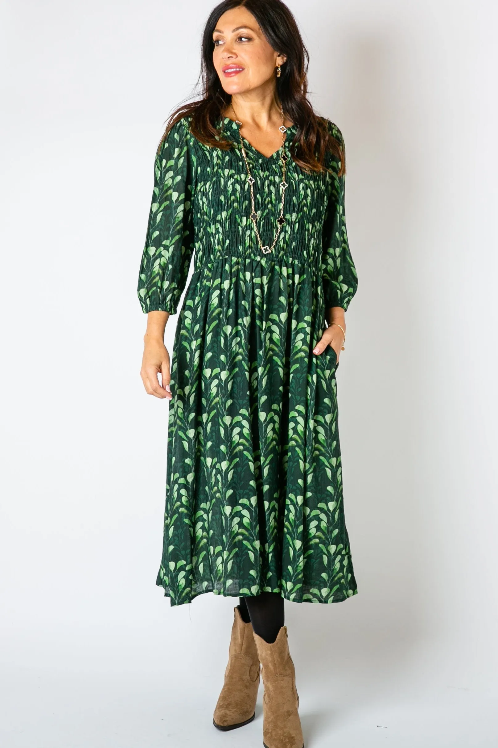 Watercolour Leaf Shirred Dress