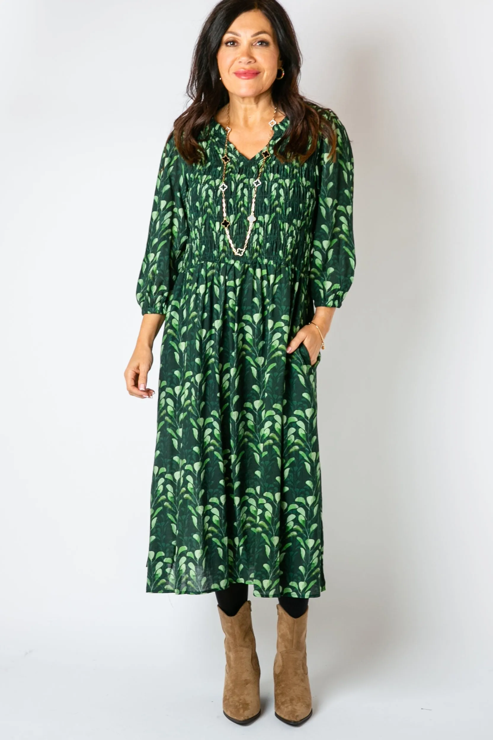 Watercolour Leaf Shirred Dress