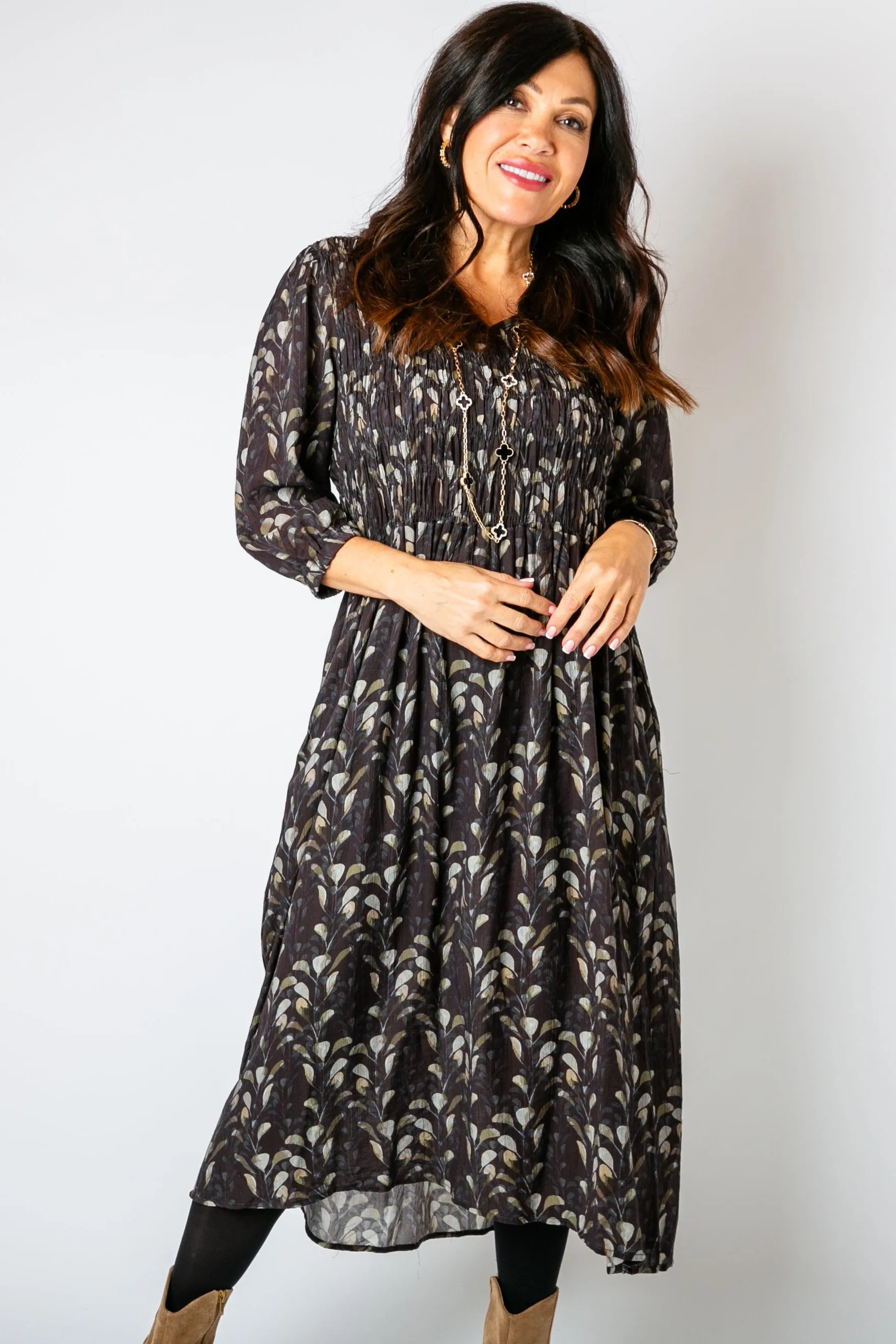 Watercolour Leaf Shirred Dress