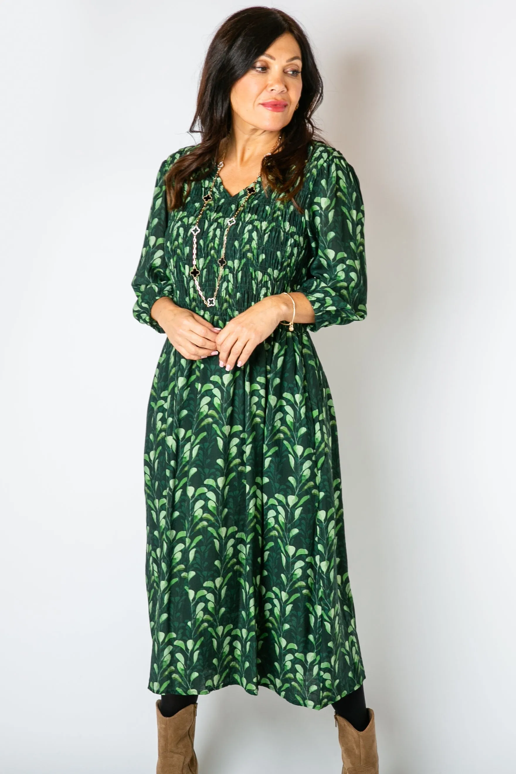 Watercolour Leaf Shirred Dress
