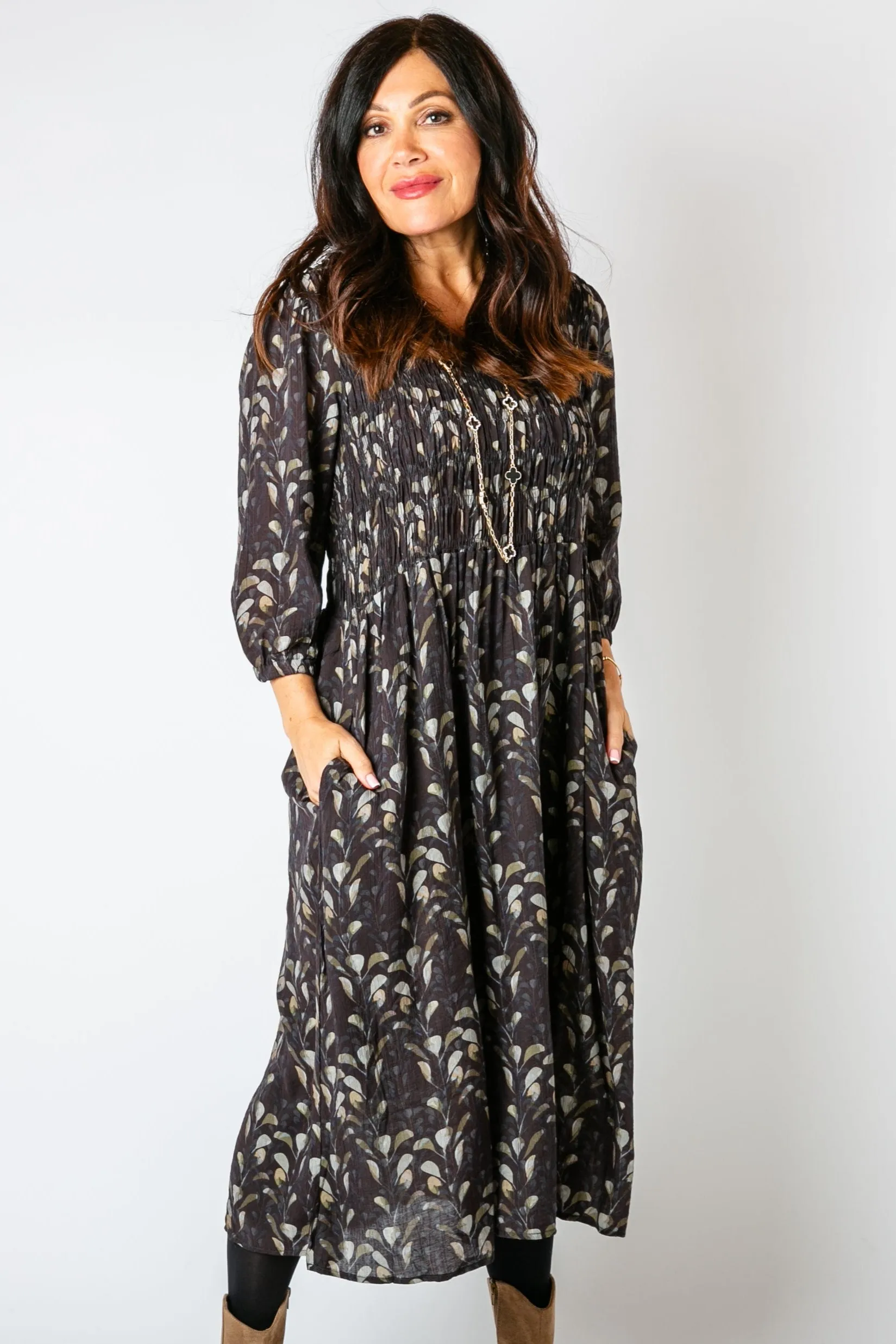 Watercolour Leaf Shirred Dress