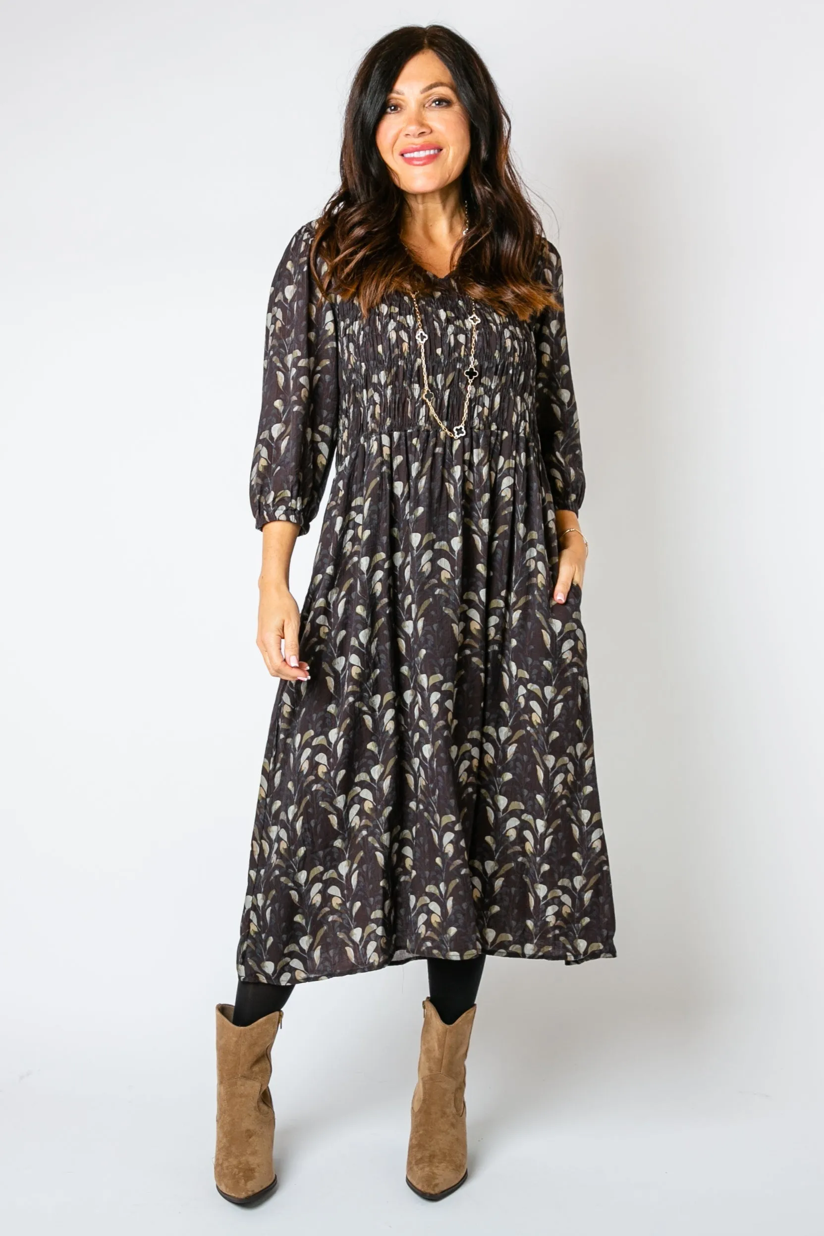 Watercolour Leaf Shirred Dress