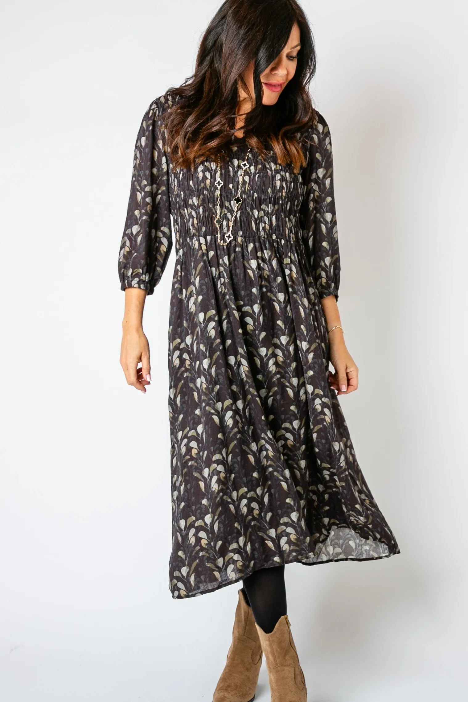 Watercolour Leaf Shirred Dress