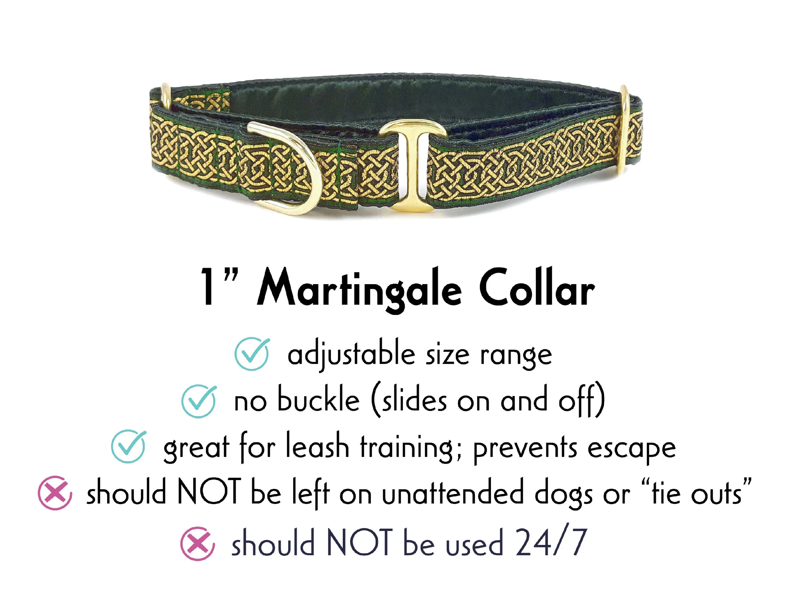 Wexford Celtic Braid in Green & Metallic Gold - Martingale Dog Collar or Buckle Dog Collar - 1" Width