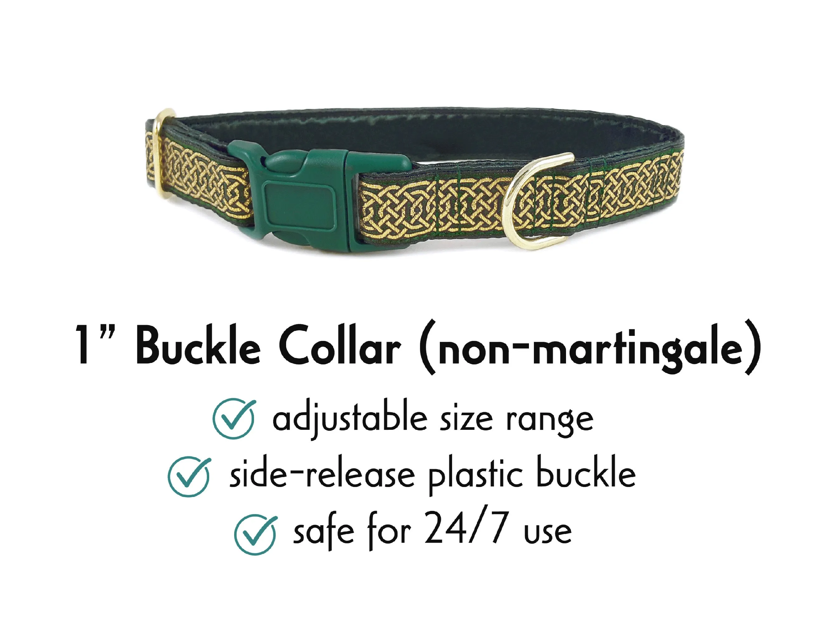 Wexford Celtic Braid in Green & Metallic Gold - Martingale Dog Collar or Buckle Dog Collar - 1" Width